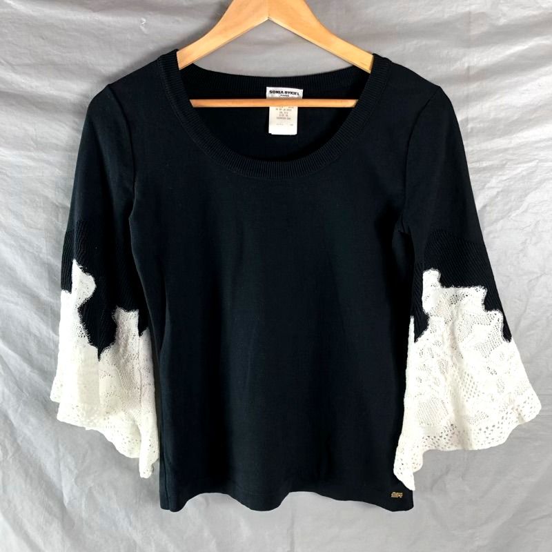 ソニアリキエル SONIA RYKIEL ニット 裾ワンポイント 長袖 袖レース Uネックコットン100％ イタリア製 黒 白 38サイズ 948444