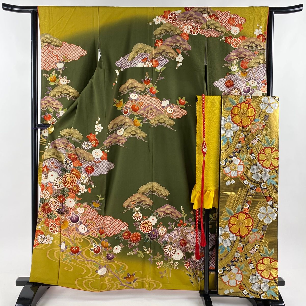 振袖 身丈161cm 裄丈64cm M 袷 袋帯フルセット 菊 流水 金糸 金彩 茶緑色 正絹 秀品