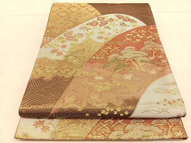 袋帯 銀糸 華柄 梅 花文様 格子柄 シルバー NO-1163 平和屋着物◎六通柄袋帯 花丸文 銀糸 正絹 逸品 未使用