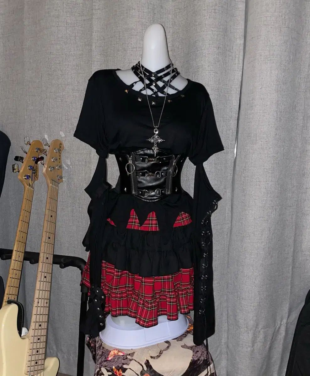 チョーカー パンク ロング T レッド チェック スカート Set
