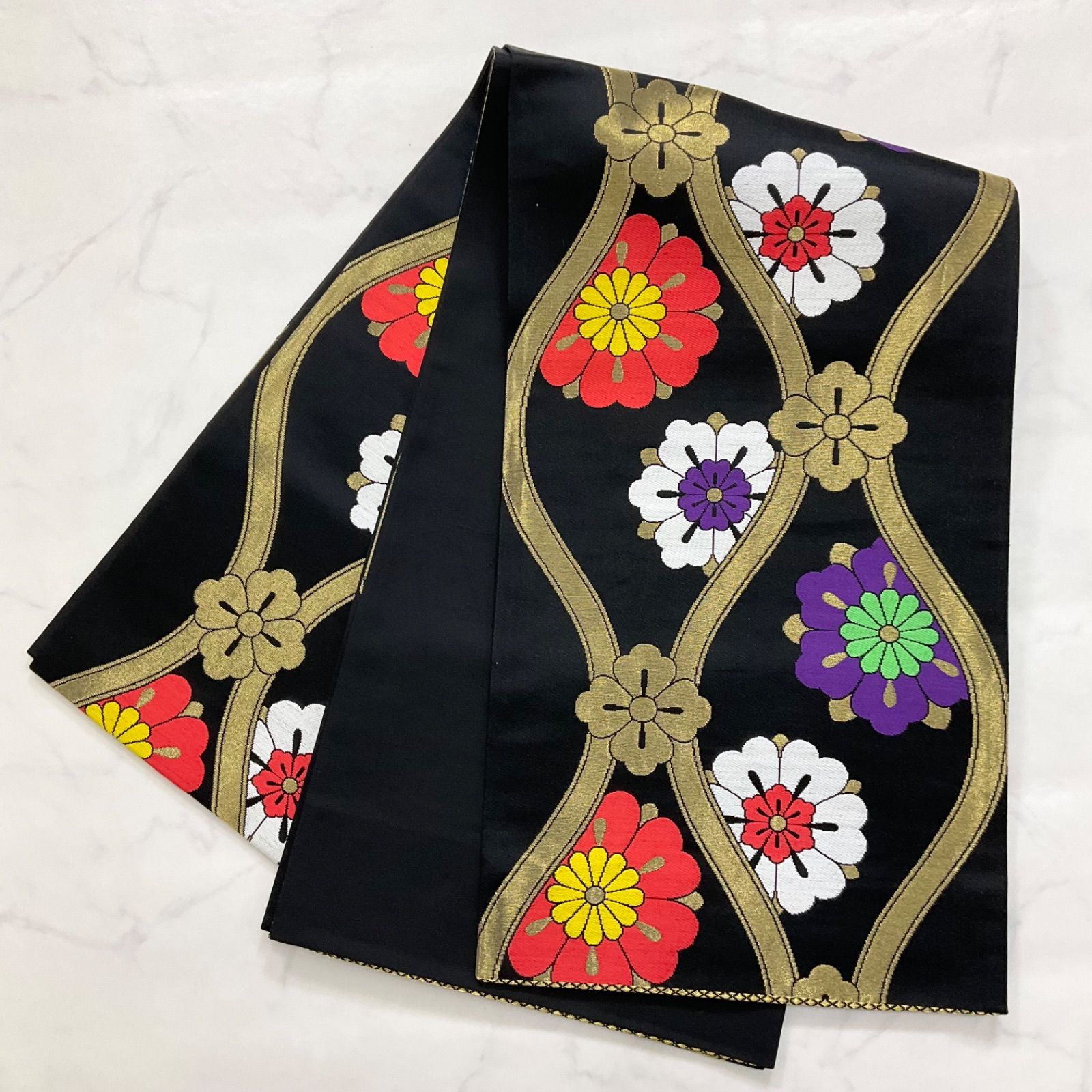 ◆kimono+one◆美品◆子供帯◆全通柄◆金糸◆正絹◆唐織◆七五三◆412.5cm◆七五三お詣り女の子着物こどものひお正月卒業式十三詣り