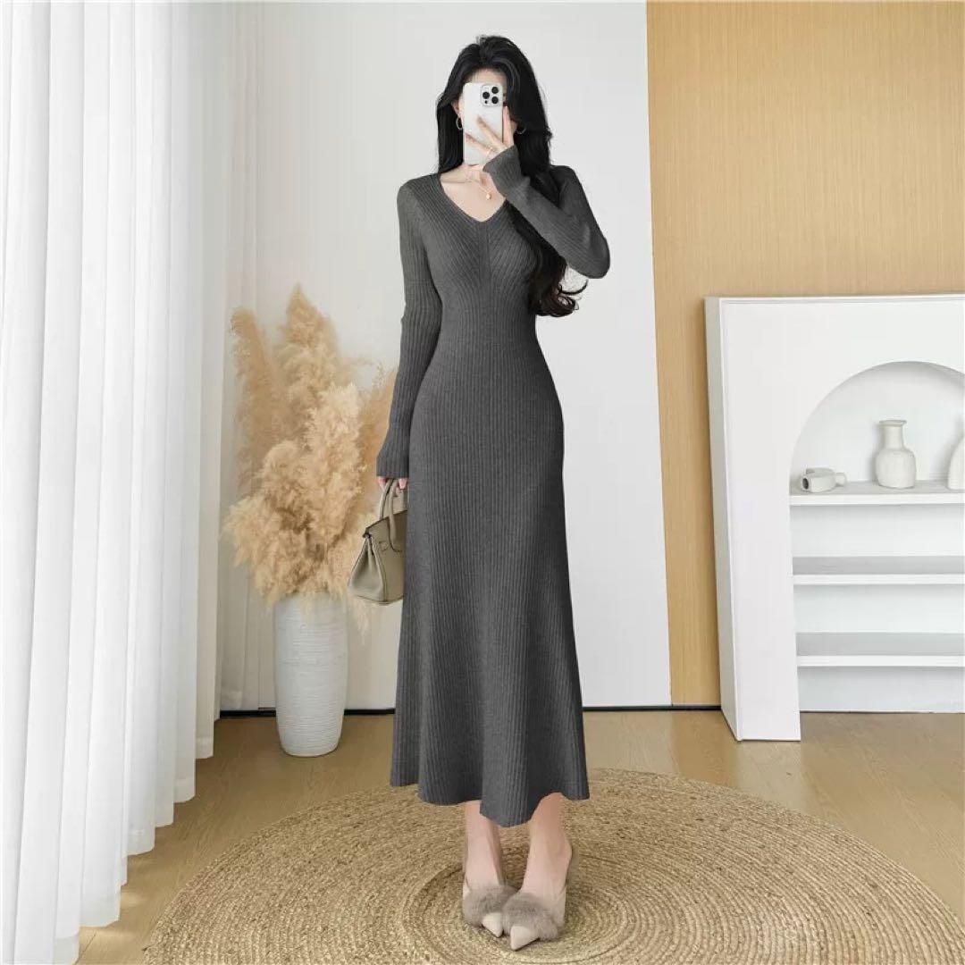 Vネックニットワンピース春のスリムフィットフィッシュテール 妖精的な高見えドレス