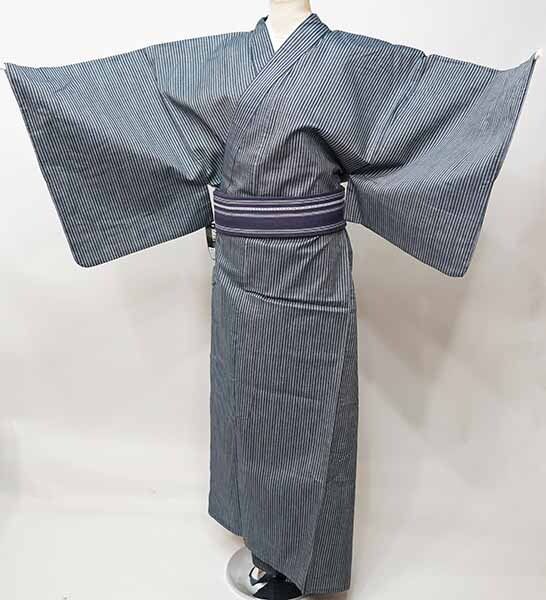 浴衣 帯 下駄 信玄袋 腰紐2本 6点フルセット 男性用 Lサイズ 綿100％ 黒色×グレー 縞 夏祭り 花火大会 NO42283-2