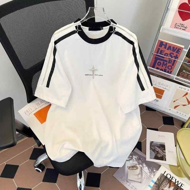メンズ ファッション 服 男性用 オシャレ シンプル 大人 かっこいい 大きいサイズ ストリート 紳士服 ジッパー ストライプ ラウンドネック アメリカン ストリート 半袖 T シャツ カップル トップス