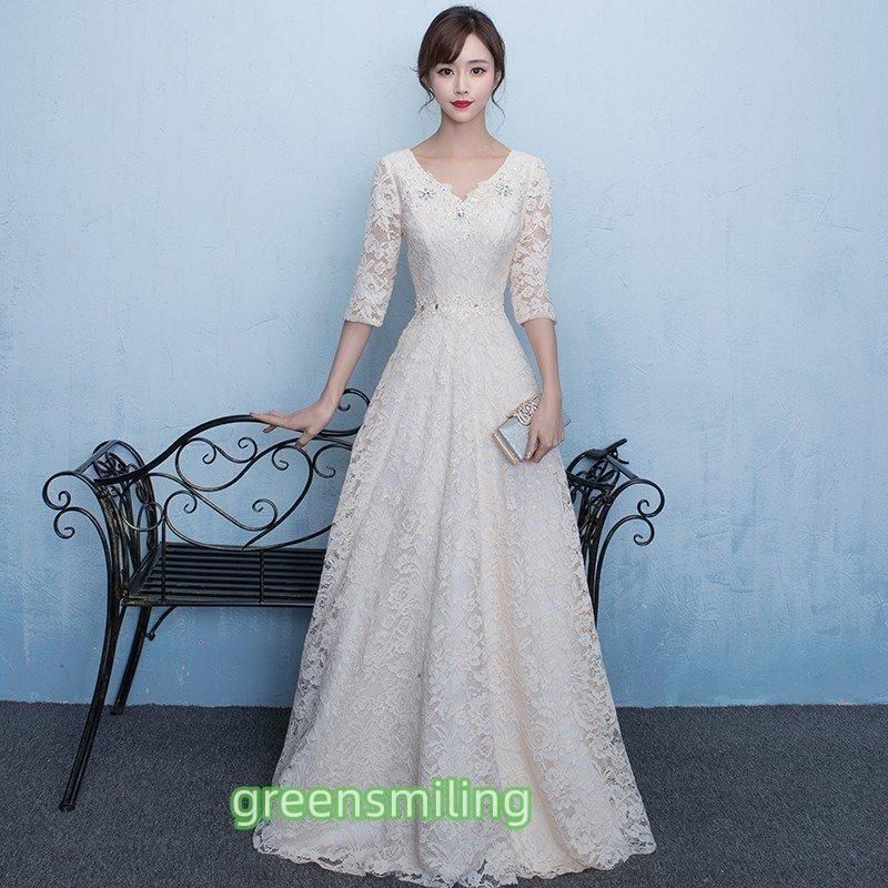 ウエディングドレス aライン オフホワイト 袖あり レース ウェディングドレス 花嫁 結婚式 ブライダル パーティー 二次会 ブライダル ロン