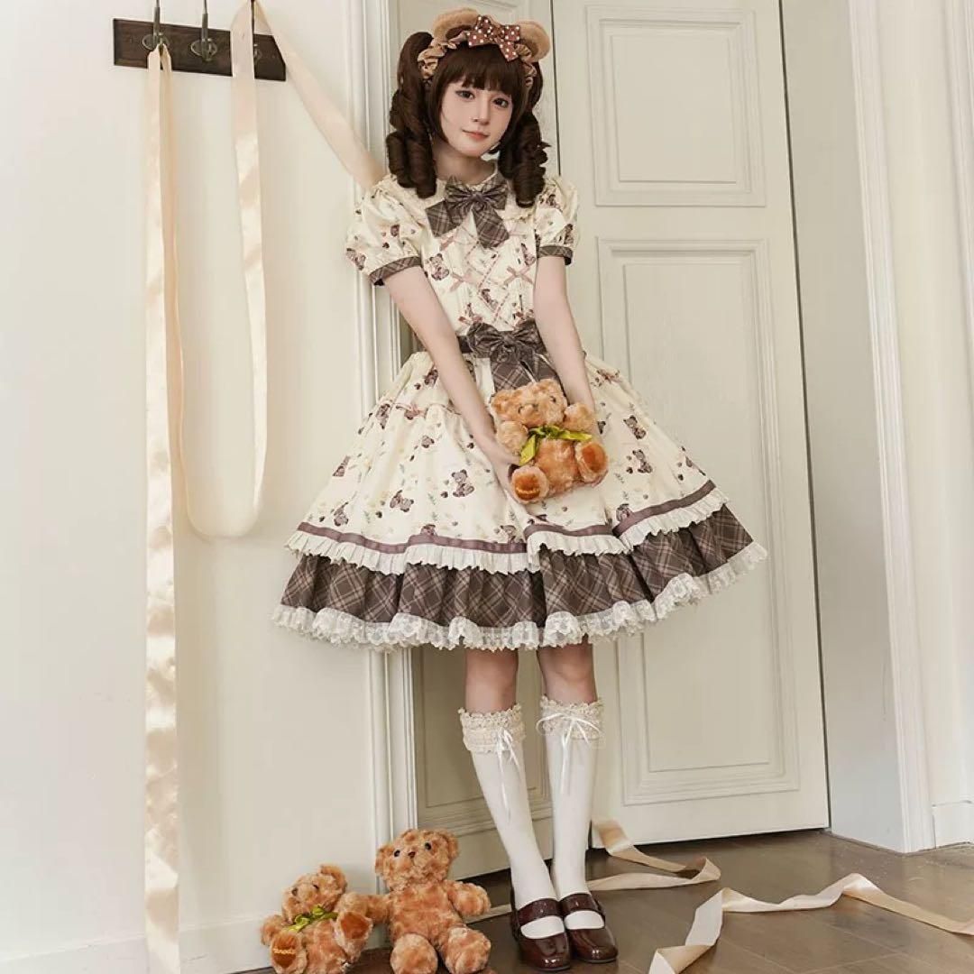 クマちゃん柄ロリータワンピース♪お出かけや女子会におすすめ 社交ダンスドレス ラテンダンス衣装 レッスンウェア ステージ衣装
