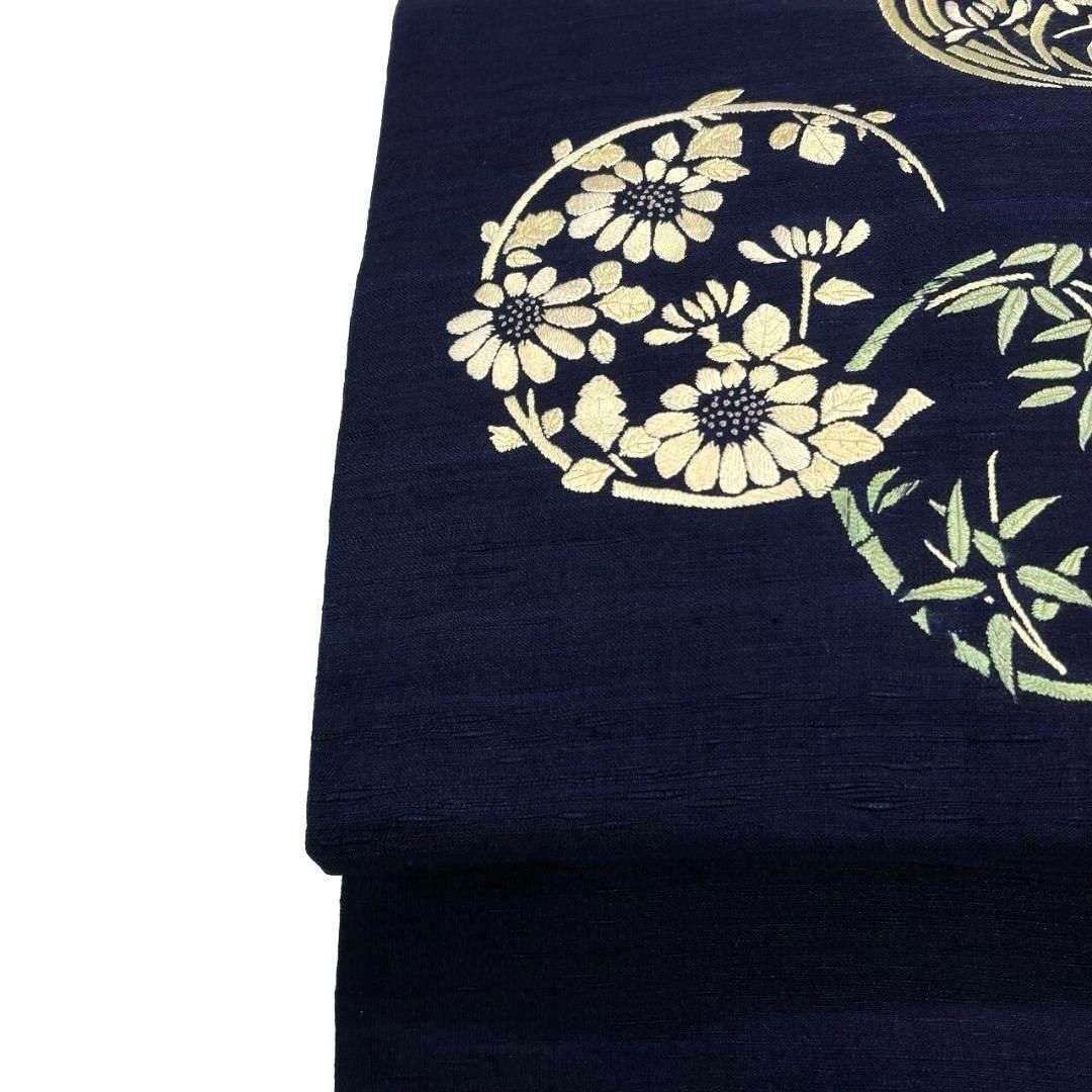 アンティーク 名古屋帯 藍染 金駒刺繍 刺繍 花紋 楓 牡丹 着物