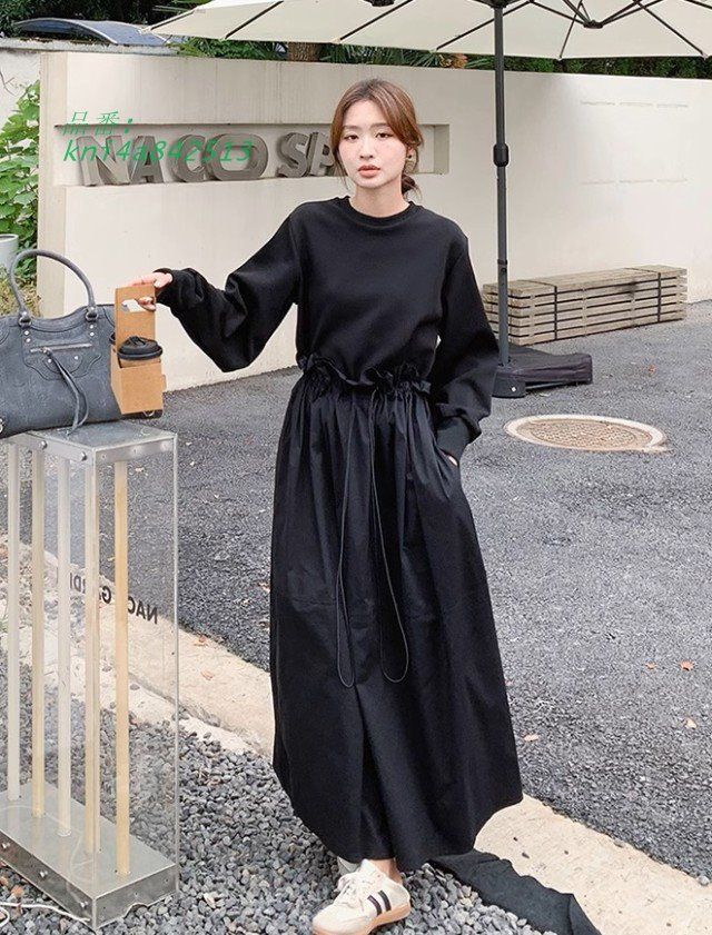 ワンピース レディース 長袖 切り替え スウェットワンピース ロング丈 フ ウエストマーク 丸首 大きいサイズ おしゃれ 韓国 春 秋冬 黒 ファッション kni4a842513