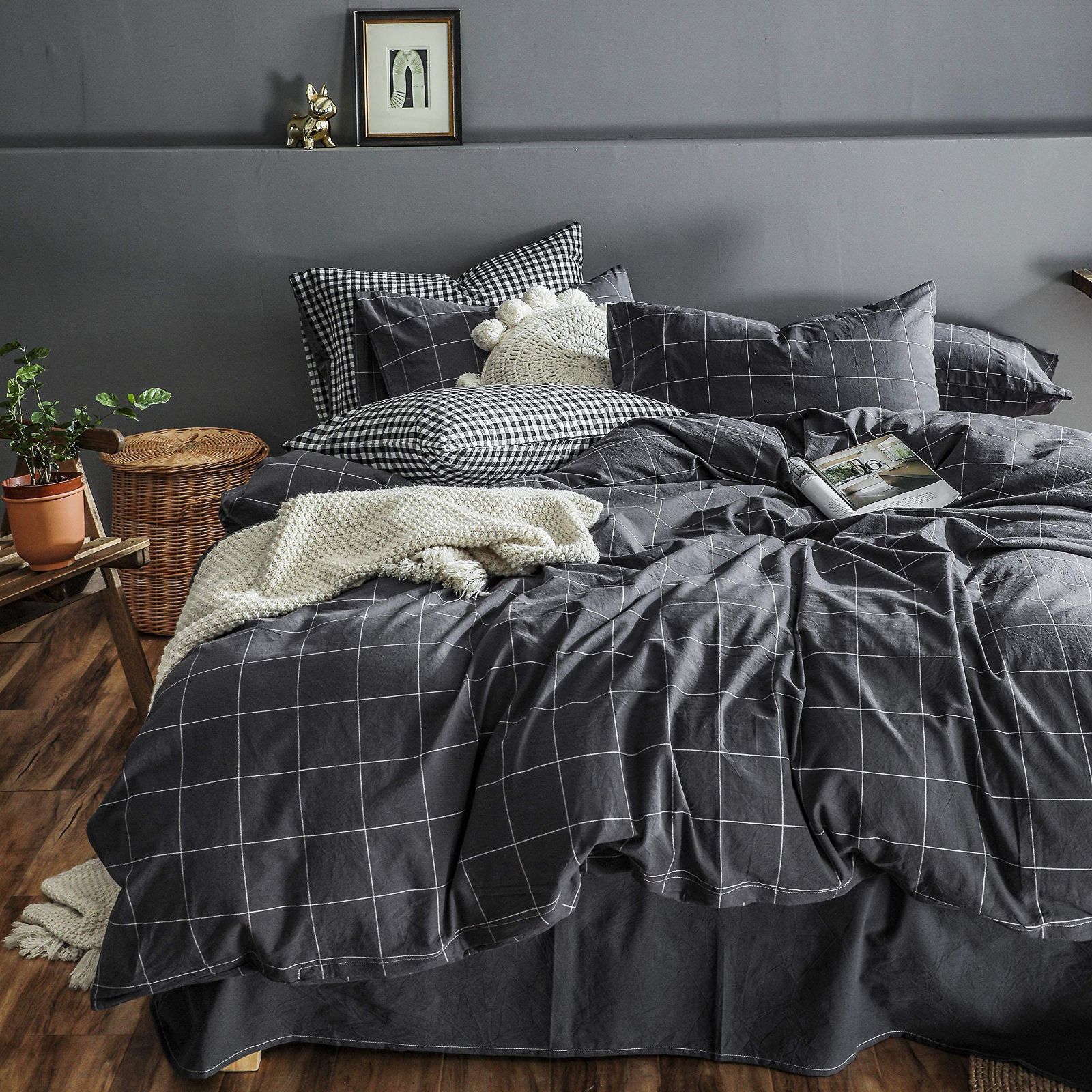布団カバー シングル 3点セット オーガニックコットン洗いざらしの綿 コットン 寝具カバーセット 布団かばー ベットカバー 洗い替え 速乾 防ダニ グレー チェック