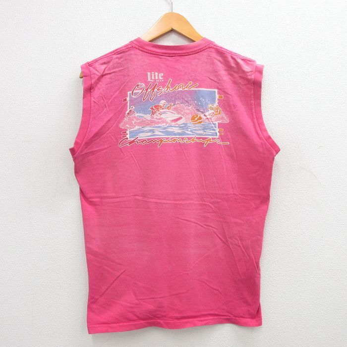 L/古着 パナマジャック ビンテージ ノースリーブ Tシャツ メンズ 80s ワールドカップ ジェットスキー コットン クルーネック 濃ピンク 24ju