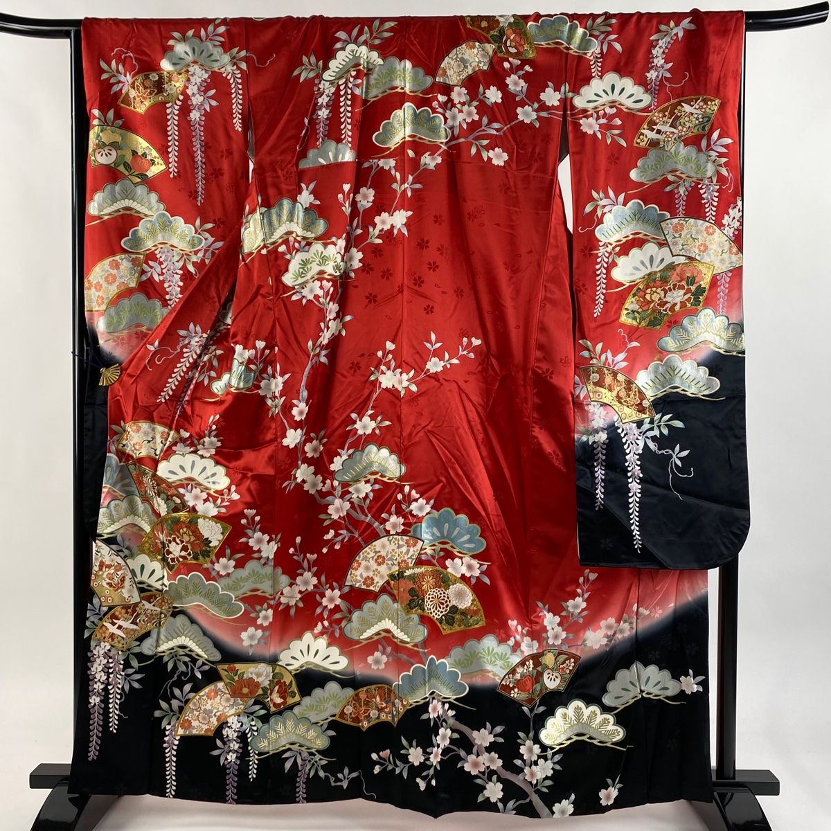 振袖 身丈162.5 cm 裄丈67 M 袷 扇面 笠松 金糸 金銀彩 赤 正絹 秀品