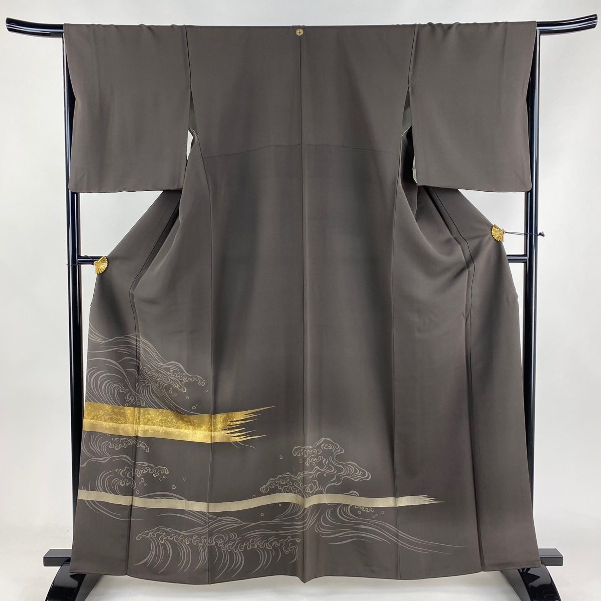 色留袖 身丈162cm 裄丈66.5cm M 袷 波頭 霞 箔 金彩 焦茶色 正絹 秀品 一つ紋