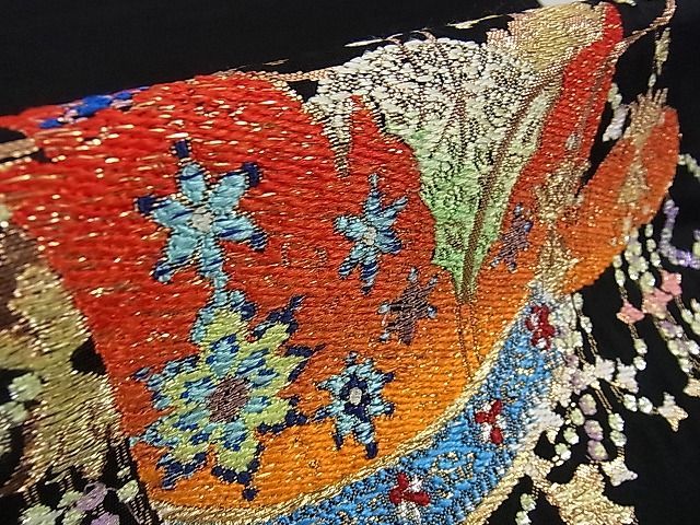 平和屋本店□極上 龍村平蔵製 本袋帯 千代の冠錦 黒地 金銀糸 逸品