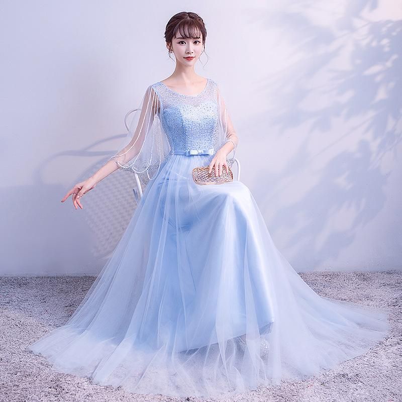 ドレス ロングドレス ブルー 青 ビーズスリーブ パーティードレス ウェディングドレス ウエディングドレス 結婚式 二次会 披露宴 花