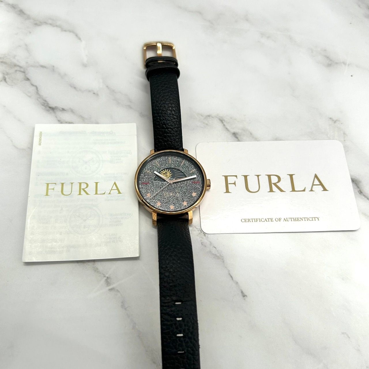 新品電池交換済み FURLA フルラ 腕時計 ピンクゴールド ブラック レザー クォーツ レディース ムーンフェイズ - メルカリ