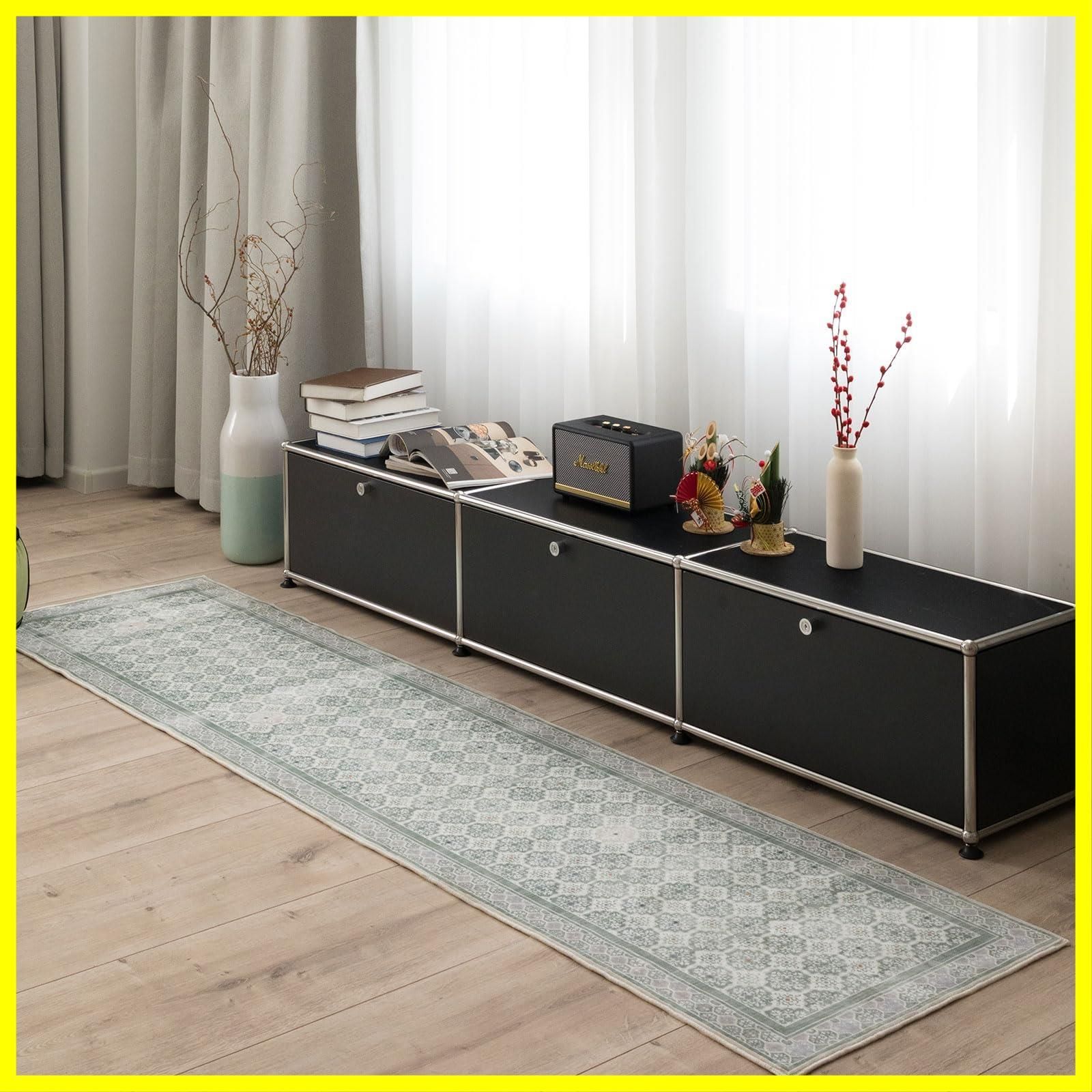 送料無料DECOMALL キッチンマット 240 洗える ペルシャ絨毯風 廊下マット カーペット 60x240CM 花柄 台所マット 滑り止め 防ダニ 防虫 防臭 グリーン 緑 床暖房対応