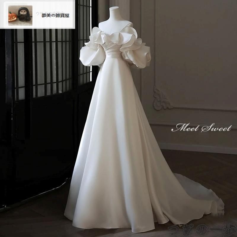 ♥ ウェディングドレス ウエディングドレス 付け袖 二次会 結婚式 披露宴 前撮り 袖あり ロングドレス 花嫁 Aラインドレス サテン ビスチ