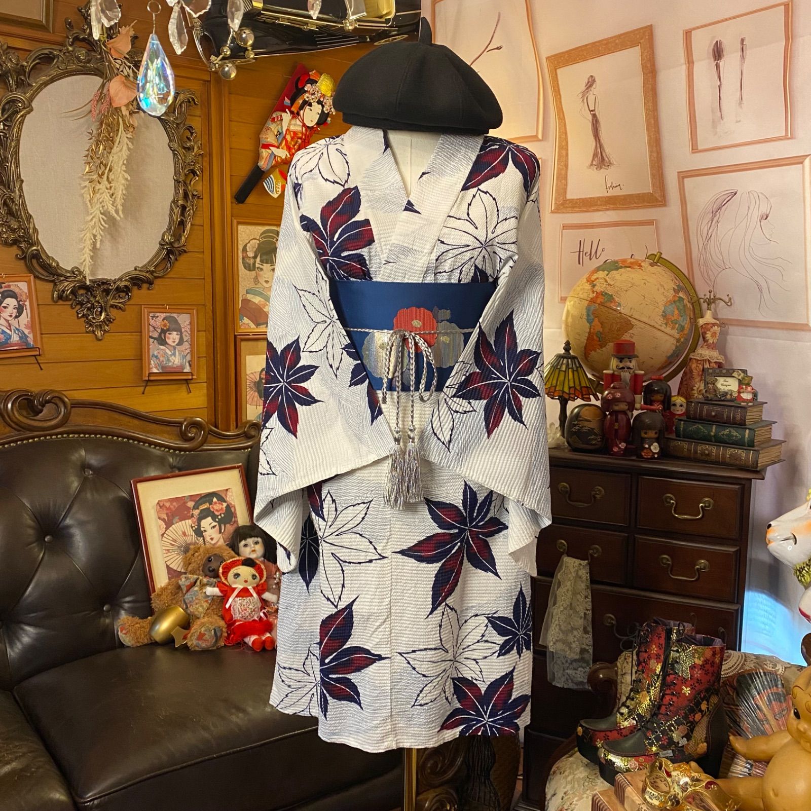絞り浴衣リメイク ワンピース ドレス 名古屋帯サッシュベルト 和洋折衷 レトロ 古着 ハンドメイド「風にゆれる、もみじの詩。」 W-524 絞り浴衣リメイク ワンピース ドレス 名古屋帯サッシュベルト 和洋折衷
