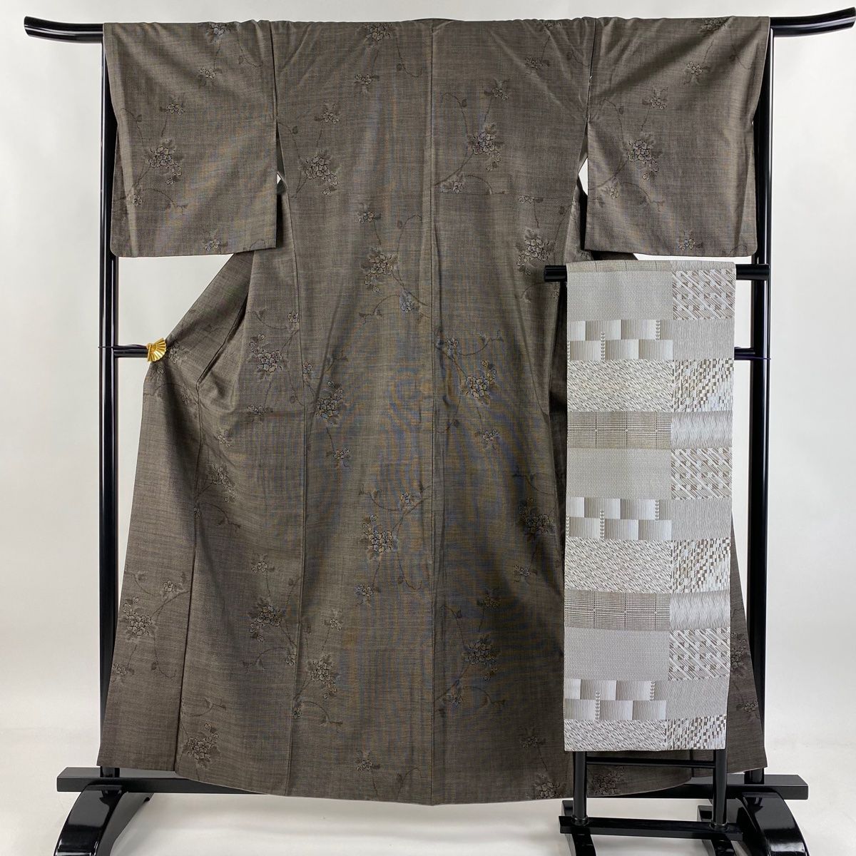 紬 身丈160cm 裄丈66cm M 袷 名古屋帯セット 枝花 焦茶色 正絹 秀品