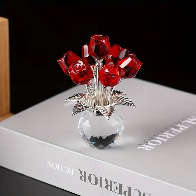 新品 手作りの赤いバラのクリスタルフィギュアと花瓶 kkkzfq