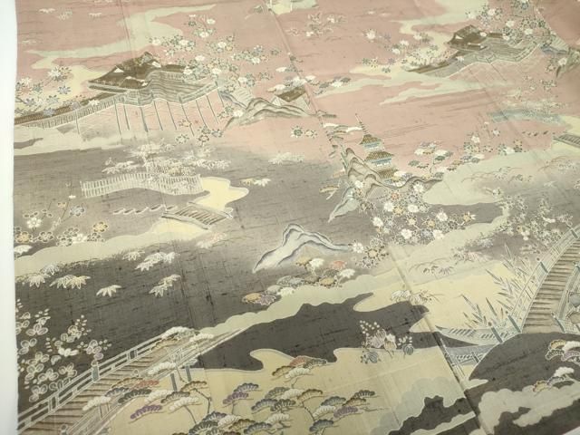 平和屋着物○生紬 訪問着 風景花文 金彩 鈴乃屋扱い 正絹 逸品