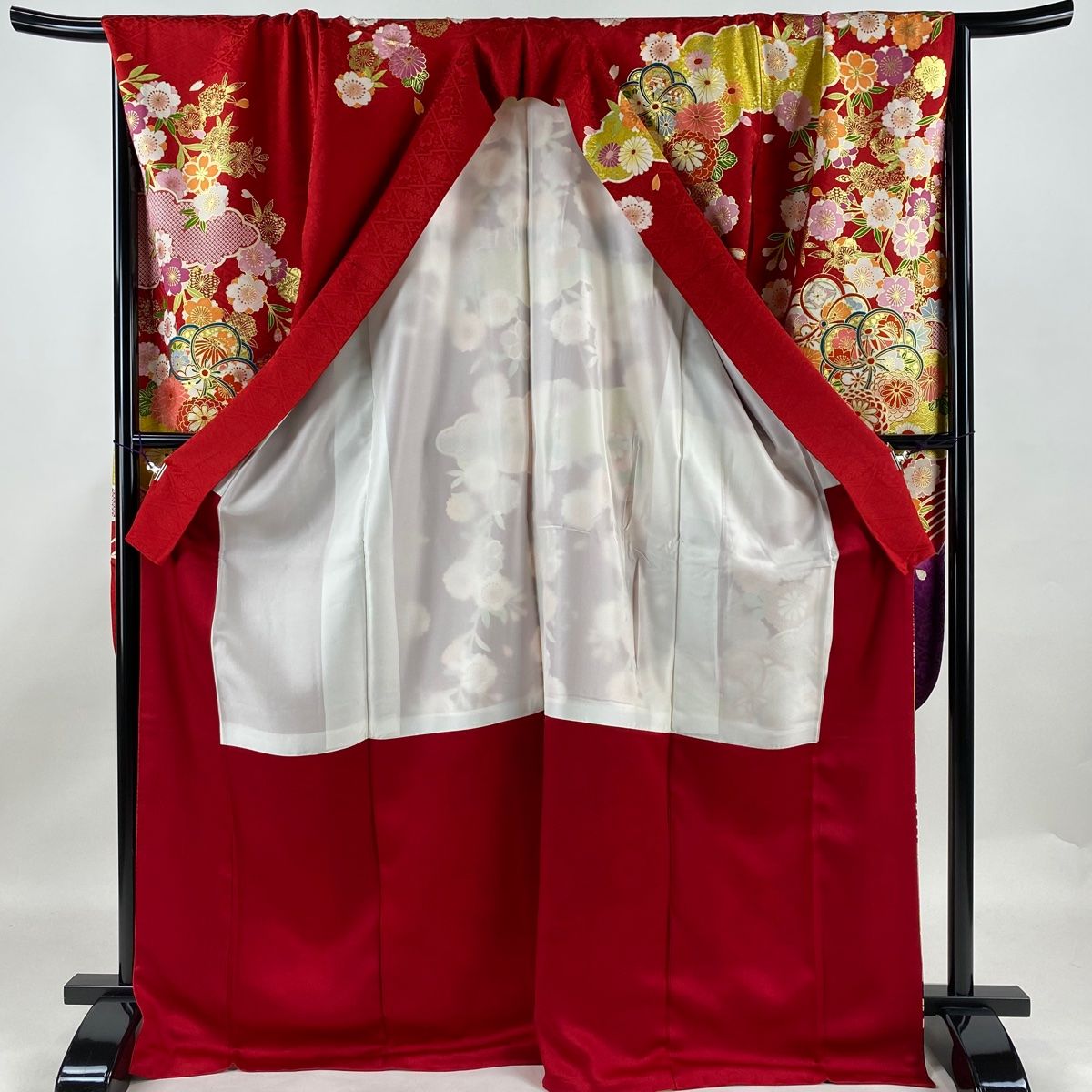 振袖 身丈172.5cm 裄丈71cm L 袷 草花 雲文 箔 金彩 赤 正絹 美品 名品  