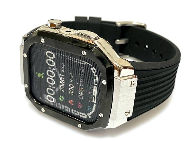 ブラックシルバー ２トーン ４５mm ４４mm SE 1|2|3 series4|5|6|7|8 Apple Watch ラバーアップルウォッチバンド カバーメタリックケースキラキラ ベルト カスタム スタンダードバックル CHRISTIANNAURATH_COM_BR