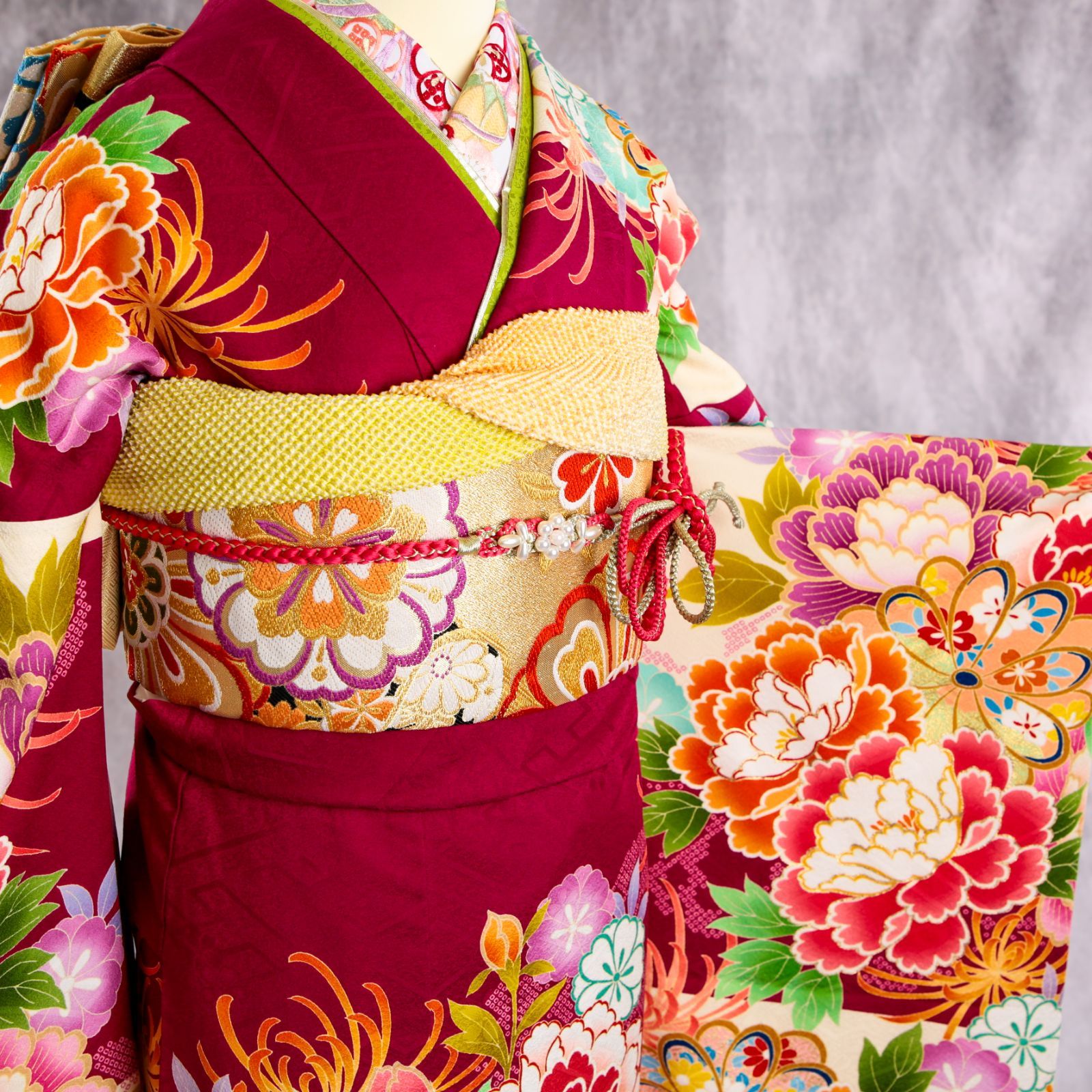 振袖フルセット 振袖セット 振袖 M～Lサイズ 中古 赤×モダン 美品 成人