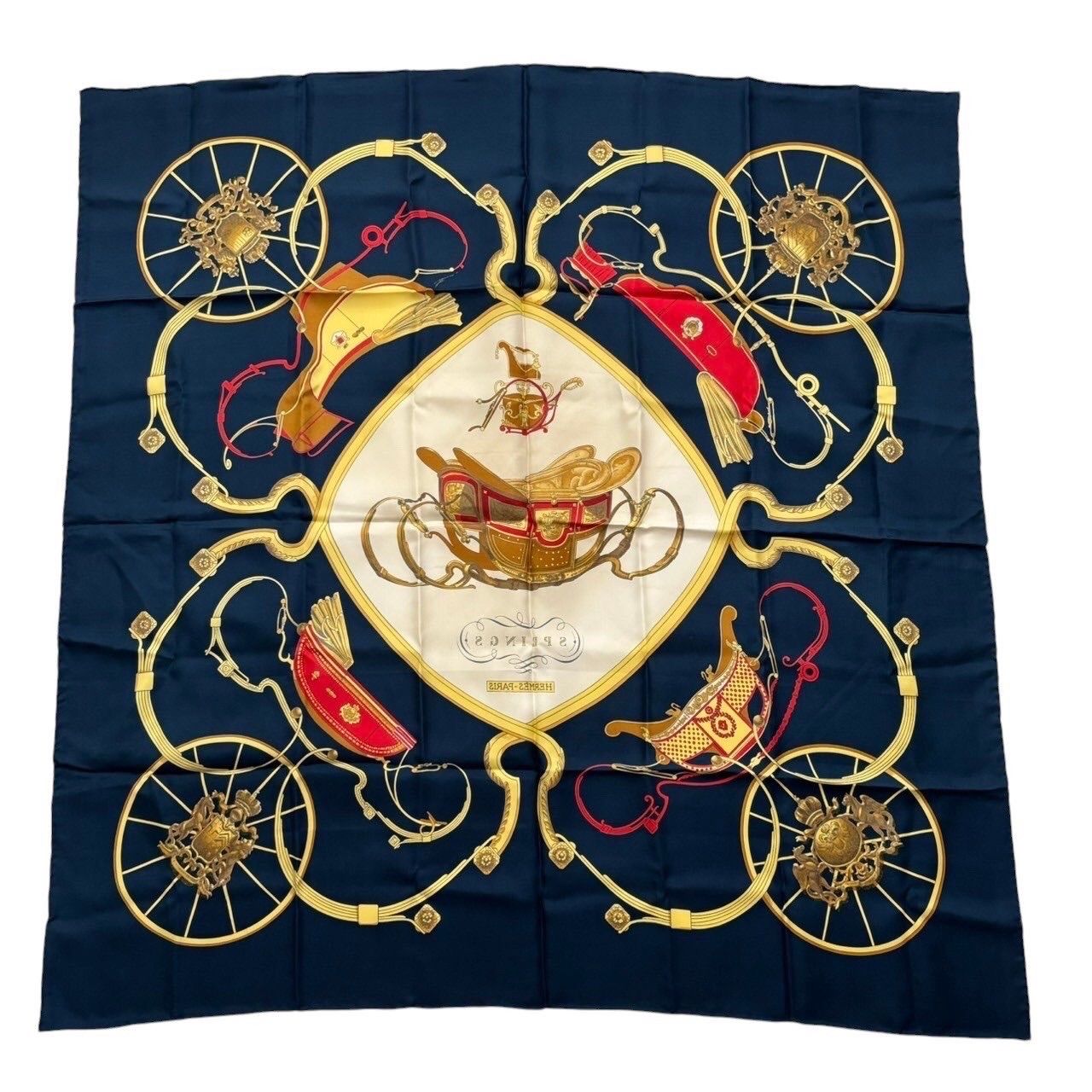 HERMES エルメス スカーフ 紺 白 マルチカラー 大判 カレ90 SPRINGS