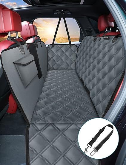 KYG ペット用 ドライブシート 汎用版 全車種 後部座席 可視メッシュ窓 安全ベルト付き 汚れ防止 防水 耐摩 滑り止め 簡単取り付け 折り畳み式 ブルーグレー 135x45x45cm
