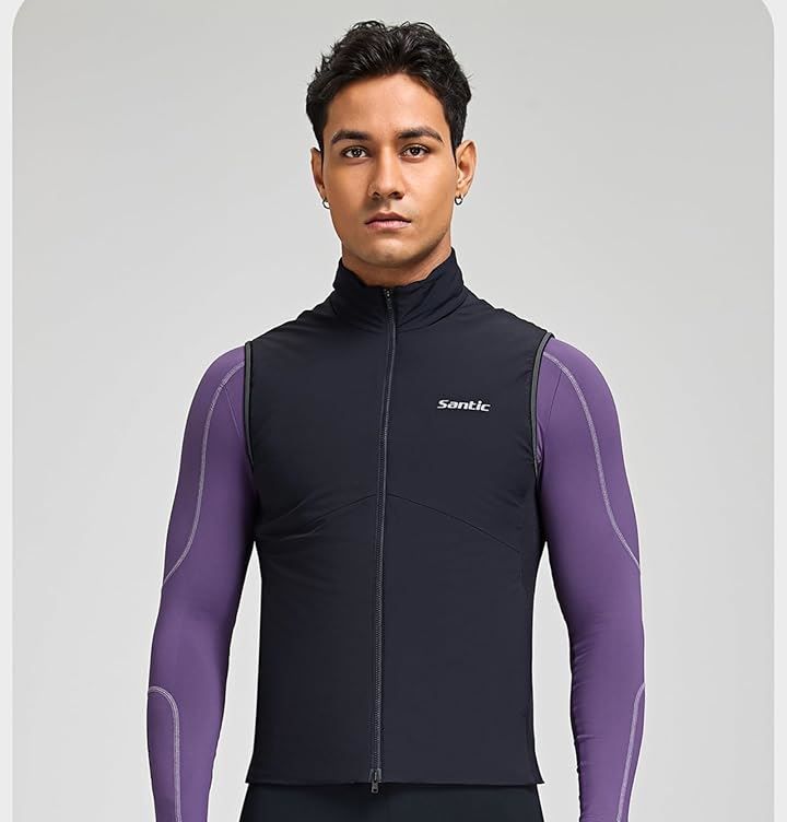 Santic サンティック メンズ サイクルジャージ サイクルベスト 防風 保温 秋冬 サイクルウエア 反射 ノースリーブ ポケット フリース 反射材 ブラック L