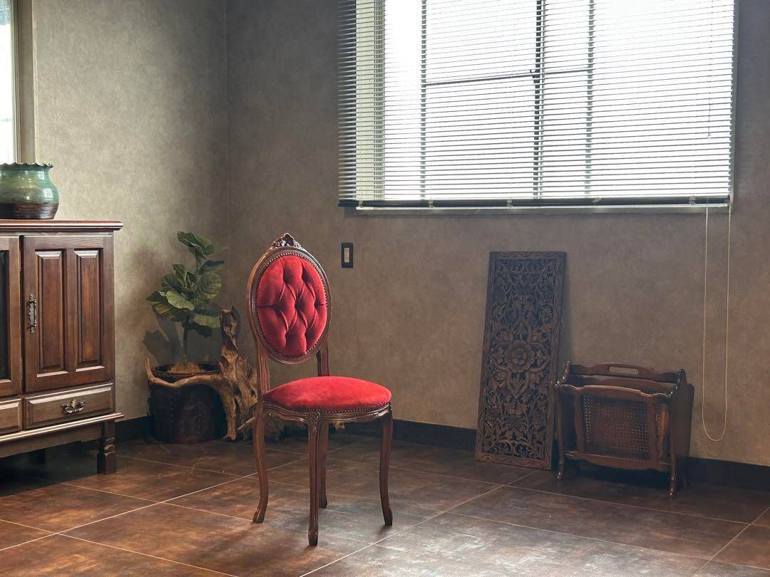 希少猫脚クラシックアンティークチェア木彫りレッドボタンダウンSZ