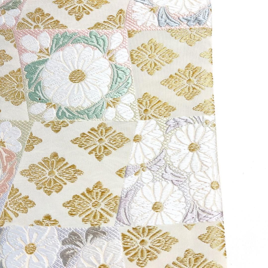 未着用 袋帯 市松 菊 花模様 花菱 パステルカラー 着物 034a d