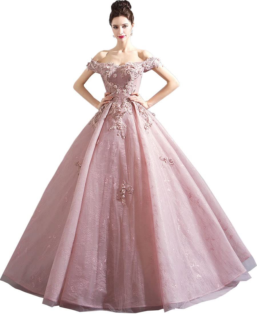 YUANYUAN レディース ピンクドレス 宴会ドレス イブニングドレス ワンピース パフォーマンス コーラスホスト 発表会 演奏会 二次会 結婚式 立体的な花柄 刺繍 着痩せ 体型カバー エレガント マキシ丈 春夏 ピンク M M