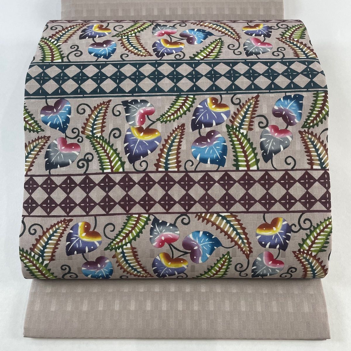 開き名古屋帯 美品 逸品 証紙 琉球紅型 葉柄 菱 灰紫 正絹