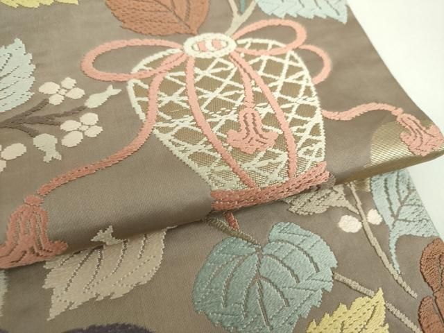 平和屋着物○九寸名古屋帯 紬地 枝葉文 甚三紅色 正絹 逸品 DAAW6604ob