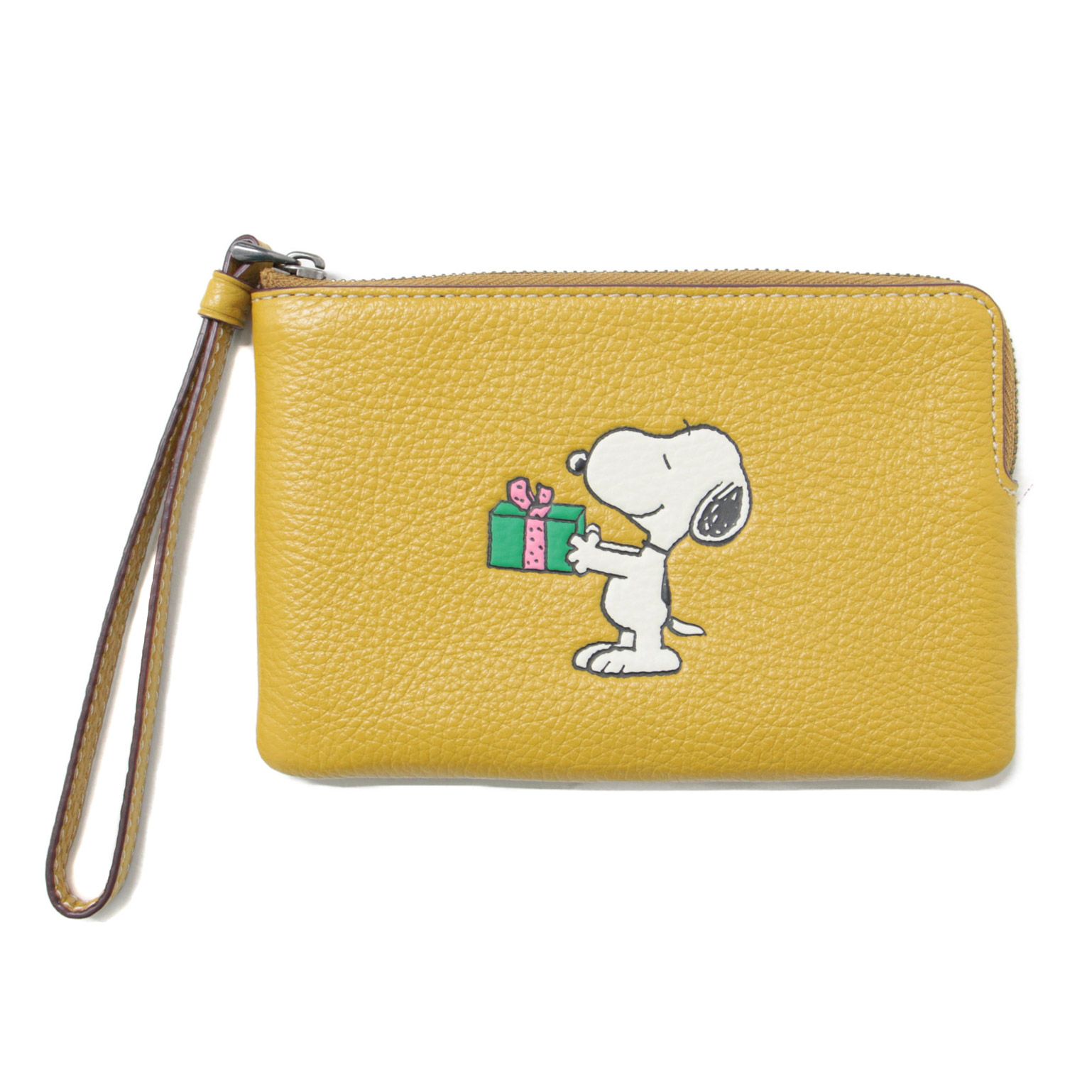 美品 COACH コーチ PEANUTS ピーナッツ スヌーピー ポーチ カードケース イエロー 黄 レザー コーナージップリストレット