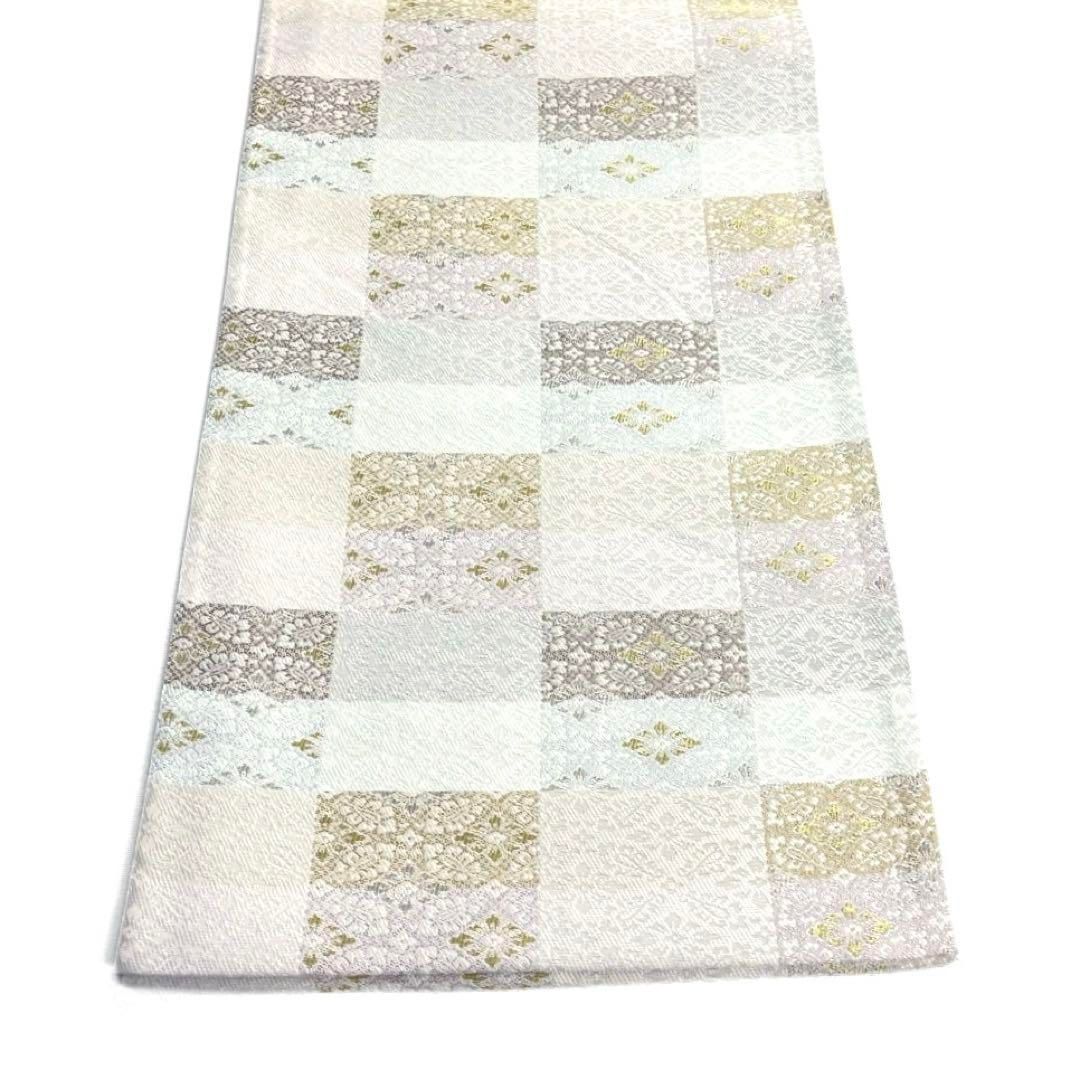 未着用　袋帯　市松　菊　花模様　花菱　パステルカラー　着物　034a d 袋帯 市松 花菱 変わり市松 金糸 銀糸 パステルカラー 着物 103b d