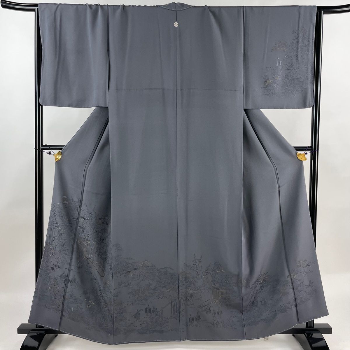 訪問着 身丈160cm 裄丈67cm M 袷 御所車 松竹梅 刺繍 金糸 灰紫 正絹 秀品 一つ紋