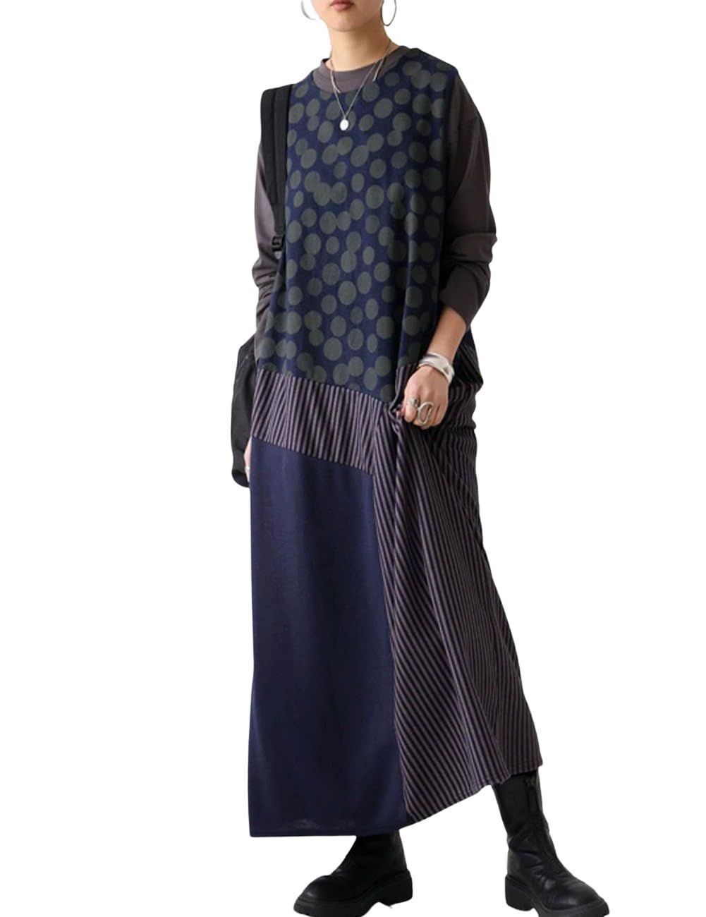 Size Free Size_Color 32 ブルー antiqua アンティカ 柄切り替え ワンピース ロング ノースリーブ PA-03739 レディース Onesize 32 ブルー