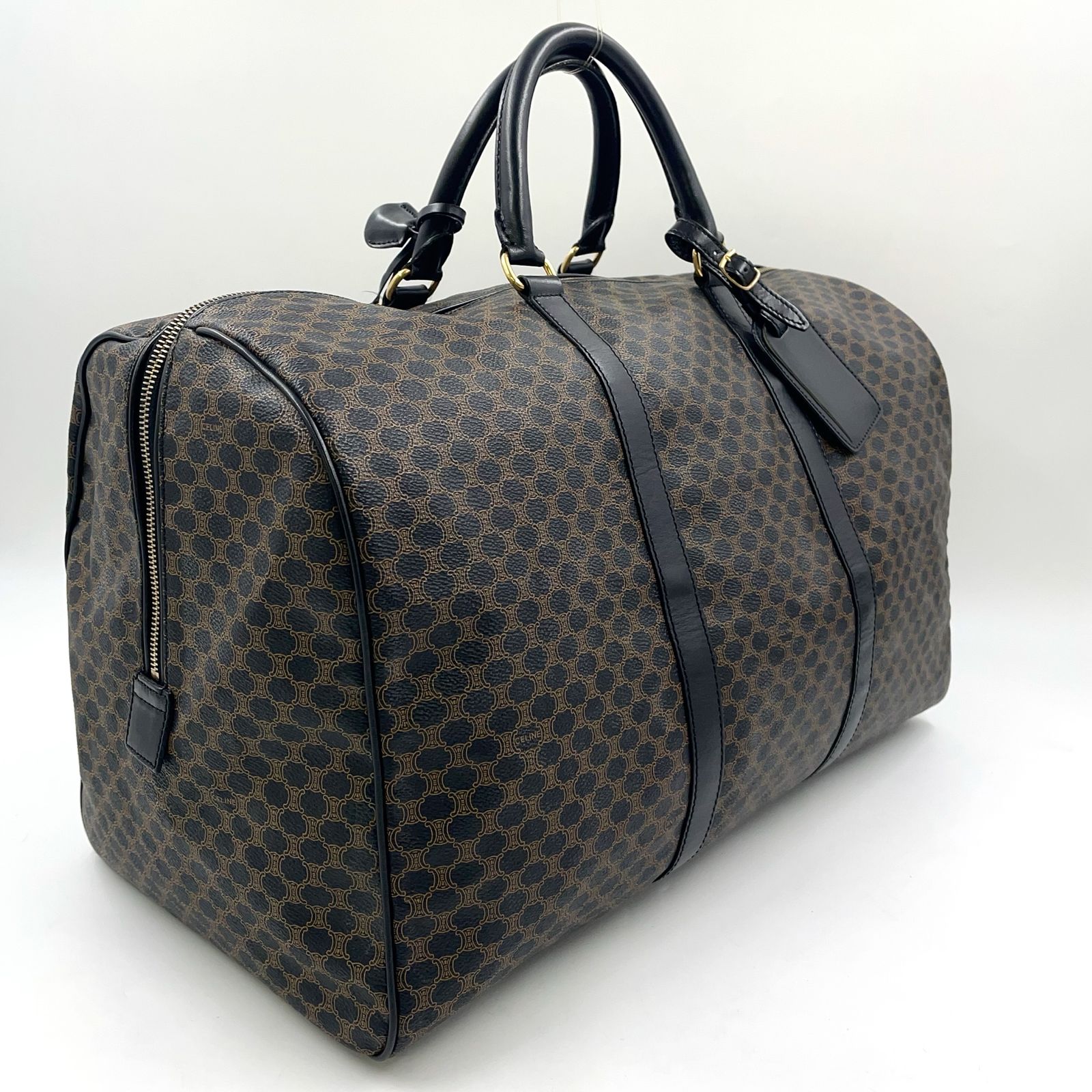 【CELINE】ボストンバッグ　マカダム柄　ゴールド金具　PVC ブラック CELINE マカダム柄 レザー×PVC ブラック ボストンバッグ