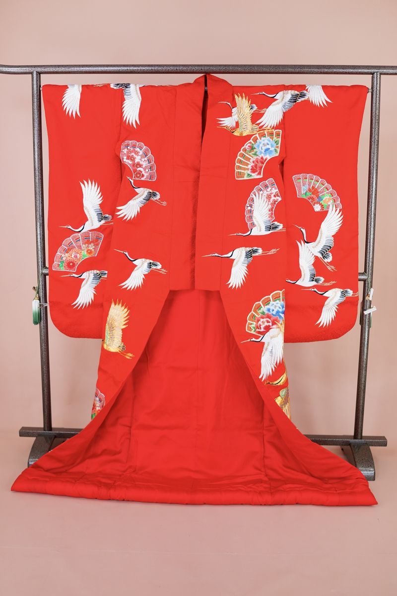 赤 鶴 檜扇 正絹 色打掛(cl_kimono2336) - フォーマルドレスメンズ