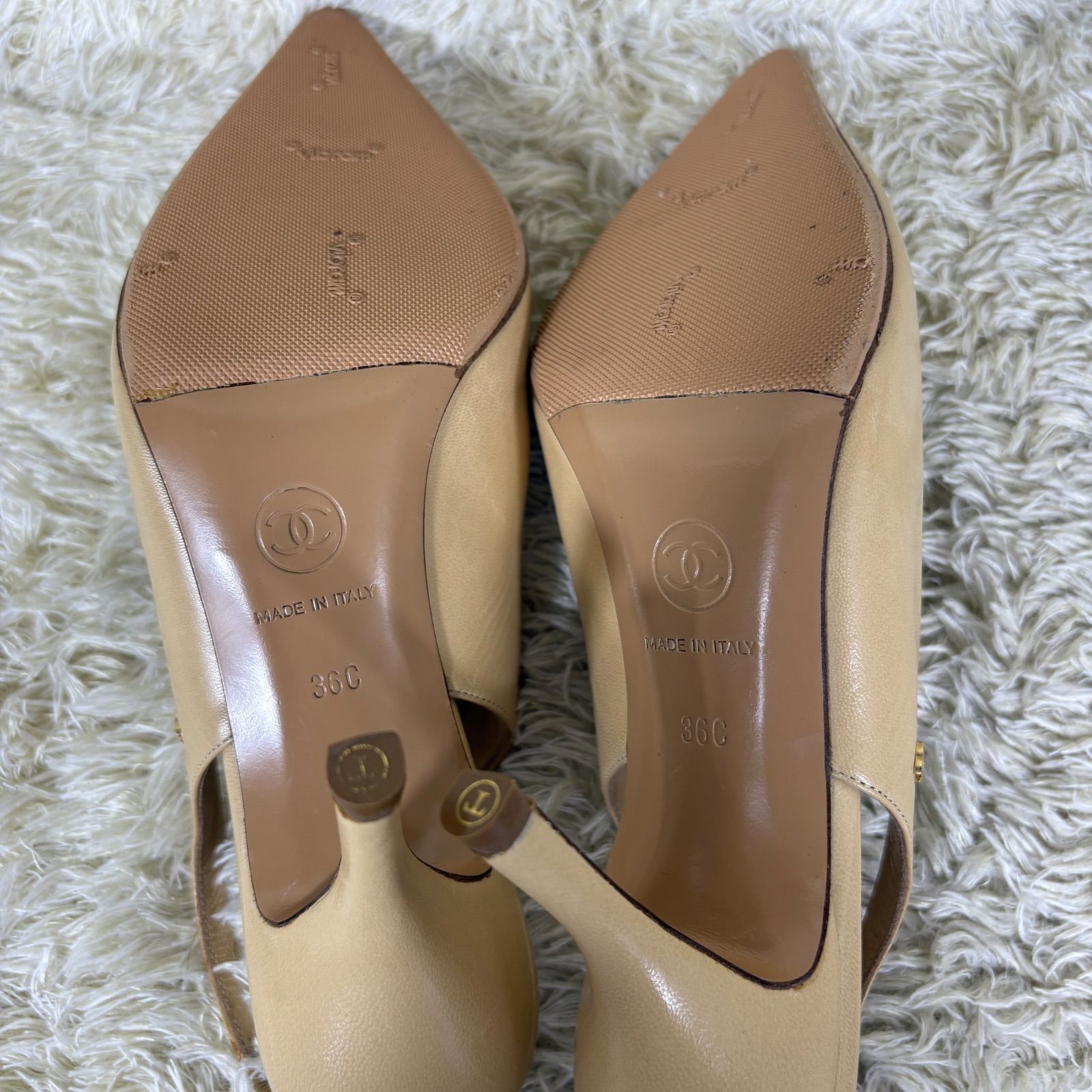 シャネル サンダル ミュール ヒール ココマーク レザー ベージュ 36