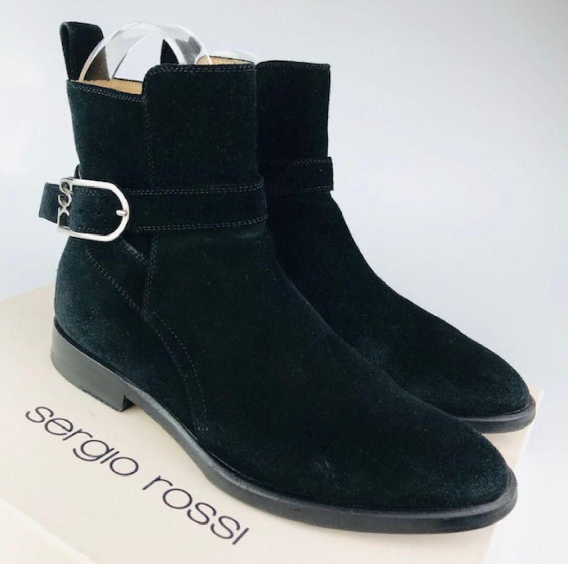 sergio rossi セルジオロッシ Sr1 GRACE レディース スエードレザー メタルSrバックル付きストラップ サイドジップ ショートブーツ 34.5 イタリア製 ブーティ レディースブーツ ブーツ 秋冬物 カジュアル ブラック 靴
