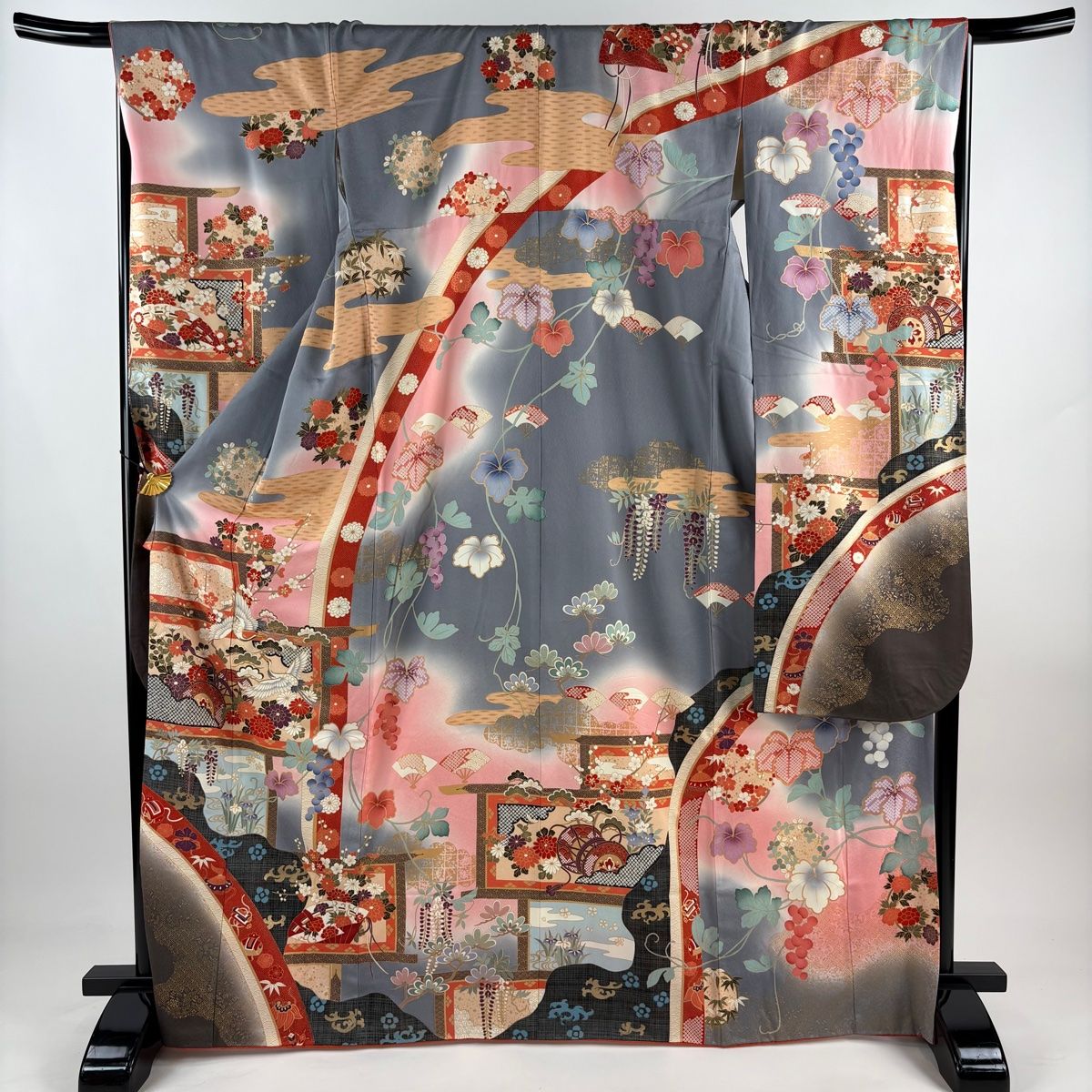 振袖 身丈168.5cm 裄丈67cm M 袷 屏風 鶴 金糸 染め分け 灰色