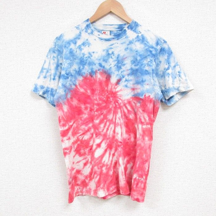 M/古着 ヘインズ 半袖 ビンテージ Tシャツ メンズ 80s ツートンカラー コットン クルーネック 赤他 レッド タイダイ 25may26 