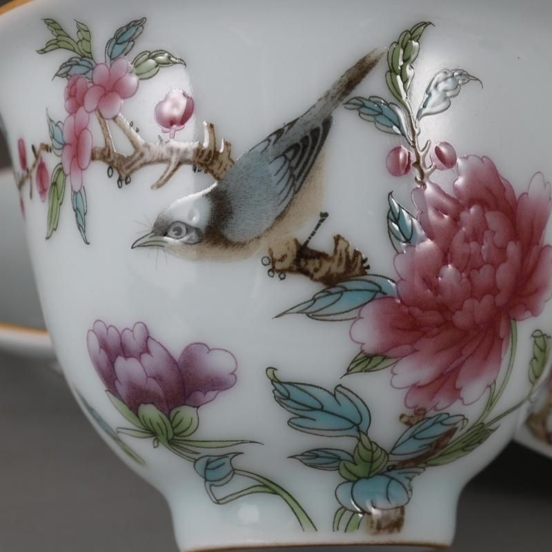 パステル鳥語花香紋三才蓋碗 中国茶器 景徳? 蓋付き茶器 飲茶