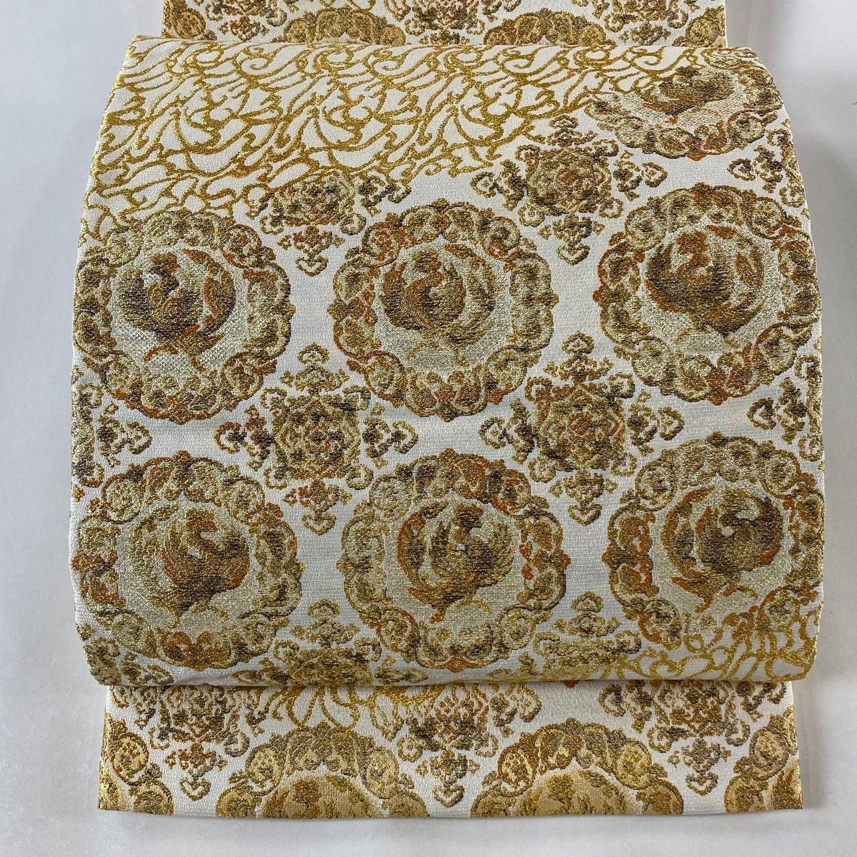 袋帯 秀品 華文 鳳凰 箔 金糸 クリーム 全通 正絹 【中古