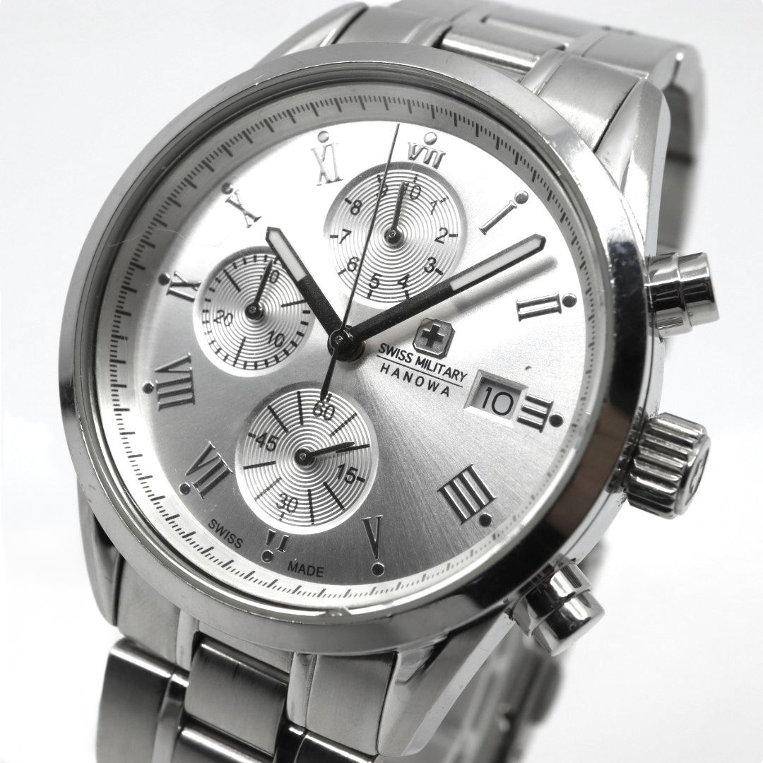 電池交換済 スイスミリタリー ハノワ 腕時計 06-5219 クロノグラフ メンズ クオーツ シルバー文字盤 デイト表示 アナログ ローマンインデックス ビジネス カジュアル スポーツ エレガント スイス製 クリーニング済み G3