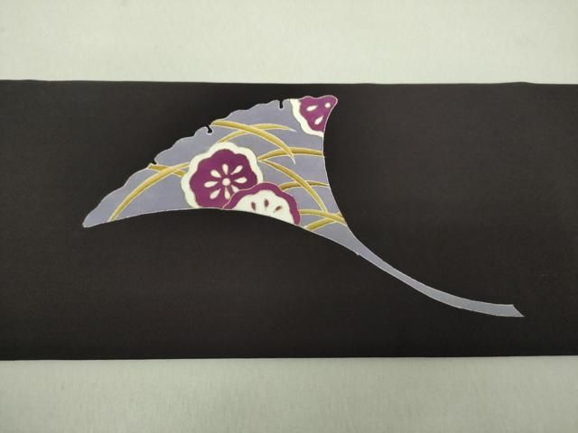 平和屋着物○塩瀬 九寸名古屋帯 銀杏花文 黒地 金彩 正絹 逸品  